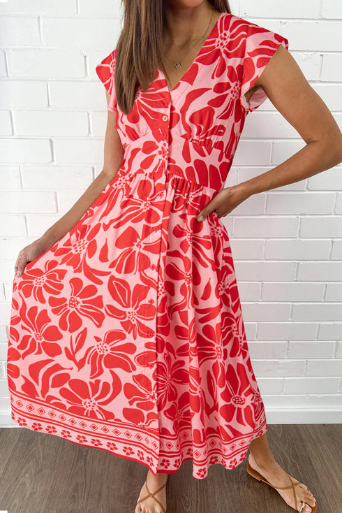 Bohemian Floral Breeze Shirred Waist Button Front Maxi Dress